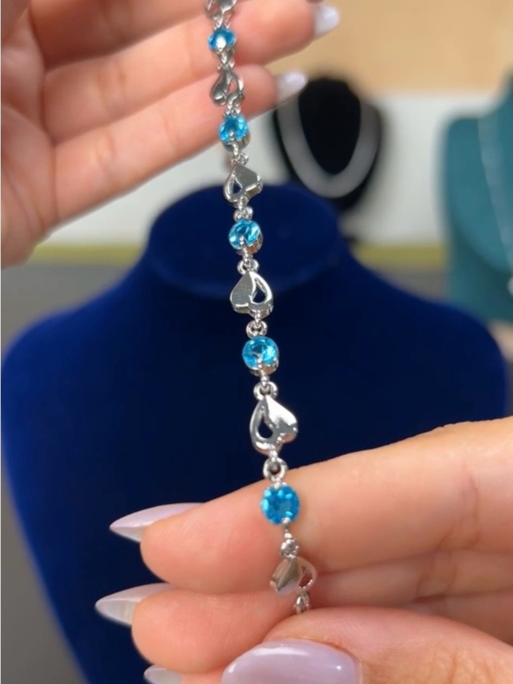 💙925 Sterling Silver-Blue Gemstone & Heart Bracelet